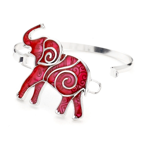 Red Boho Chic Pattern Detail Metal Hook Statement Elephant Bracelet Bangle - Picture 2 of 2
